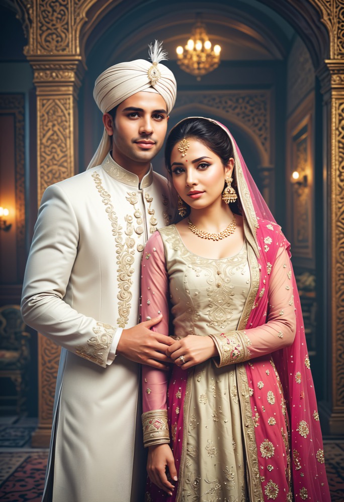 Illustration of a couple at their wedding